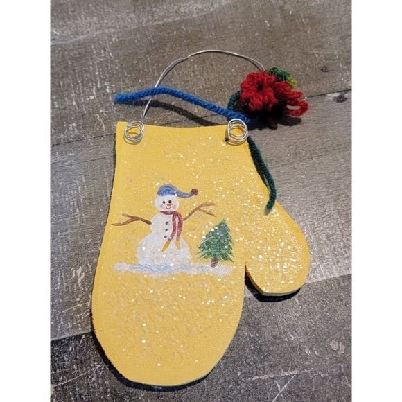 Yellow Mitten snowman tree glitter ornament Xmas decor - Picture 1 of 3